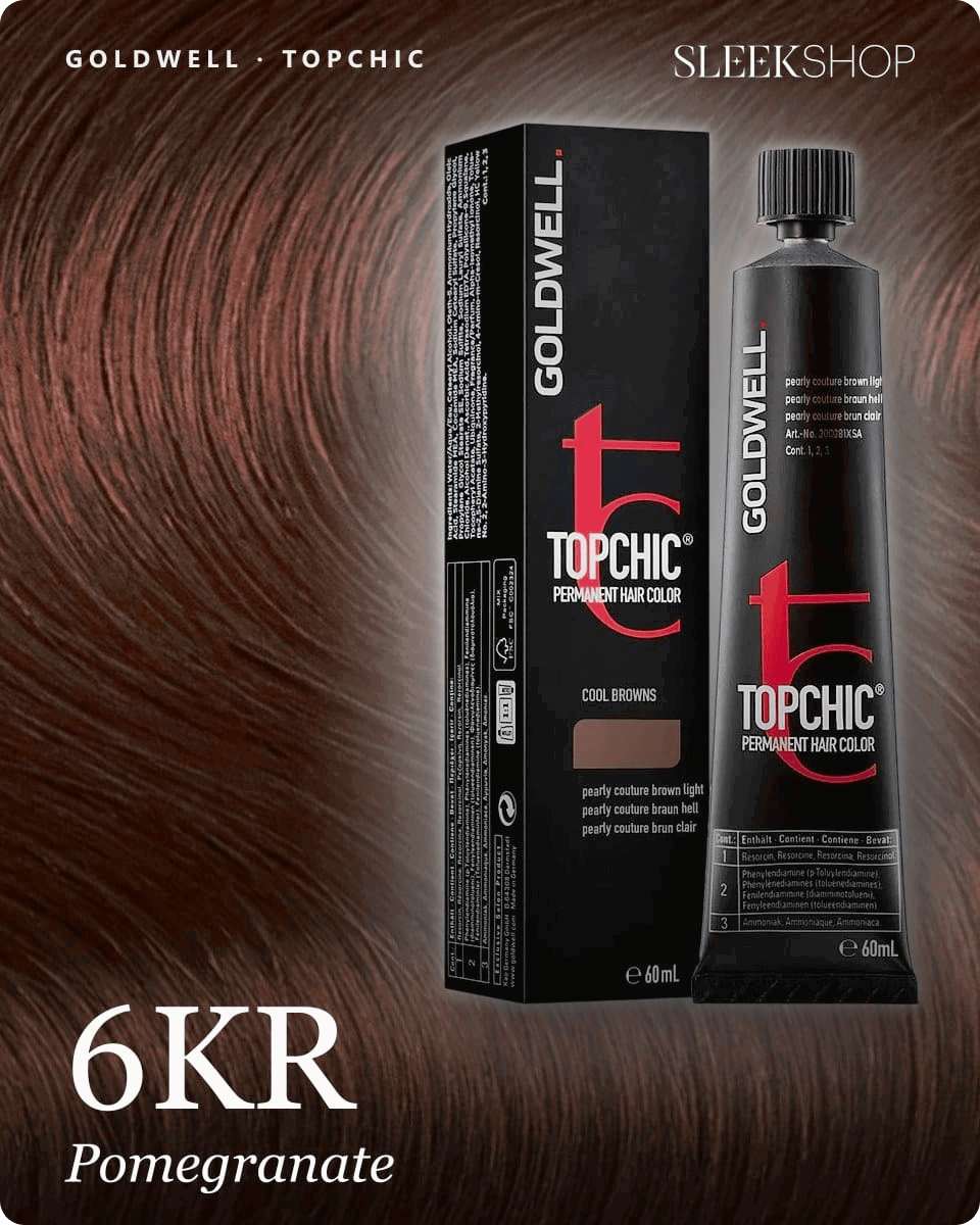 goldwell topchic 6kr pomegranate hair color -- shade swatch with product packaging goldwell topchic 6kr pomegranate hair color -- shade swatch with product packaging