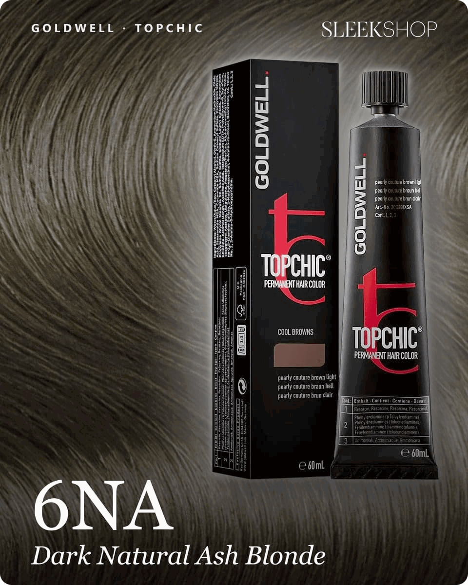 goldwell topchic 6na dark natural ash blonde hair color -- shade swatch with product packaging