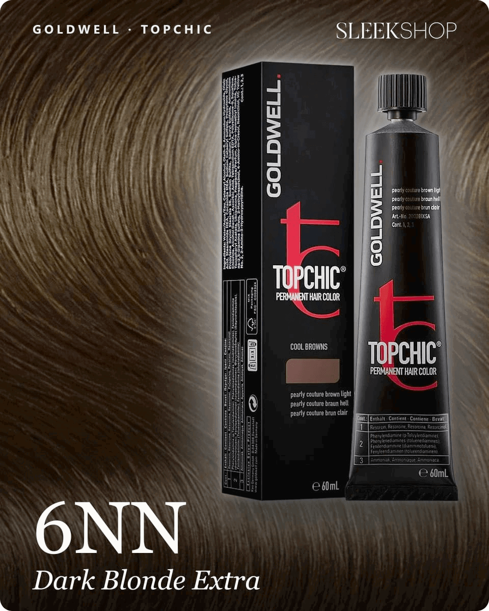 goldwell topchic 6nn dark blonde extra hair color -- shade swatch with product packaging goldwell topchic 6nn dark blonde extra hair color -- shade swatch with product packaging