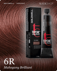 goldwell topchic 6r mahogany brilliant hair color -- shade swatch with product packaging