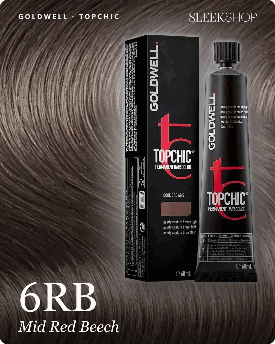 goldwell topchic 6rb mid red beech hair color -- shade swatch with product packaging goldwell topchic 6rb mid red beech hair color -- shade swatch with product packaging