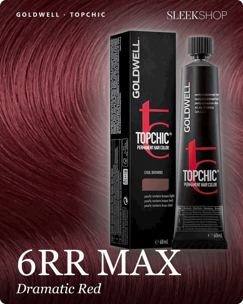 goldwell topchic 6rr max dramatic red hair color -- shade swatch with product packaging