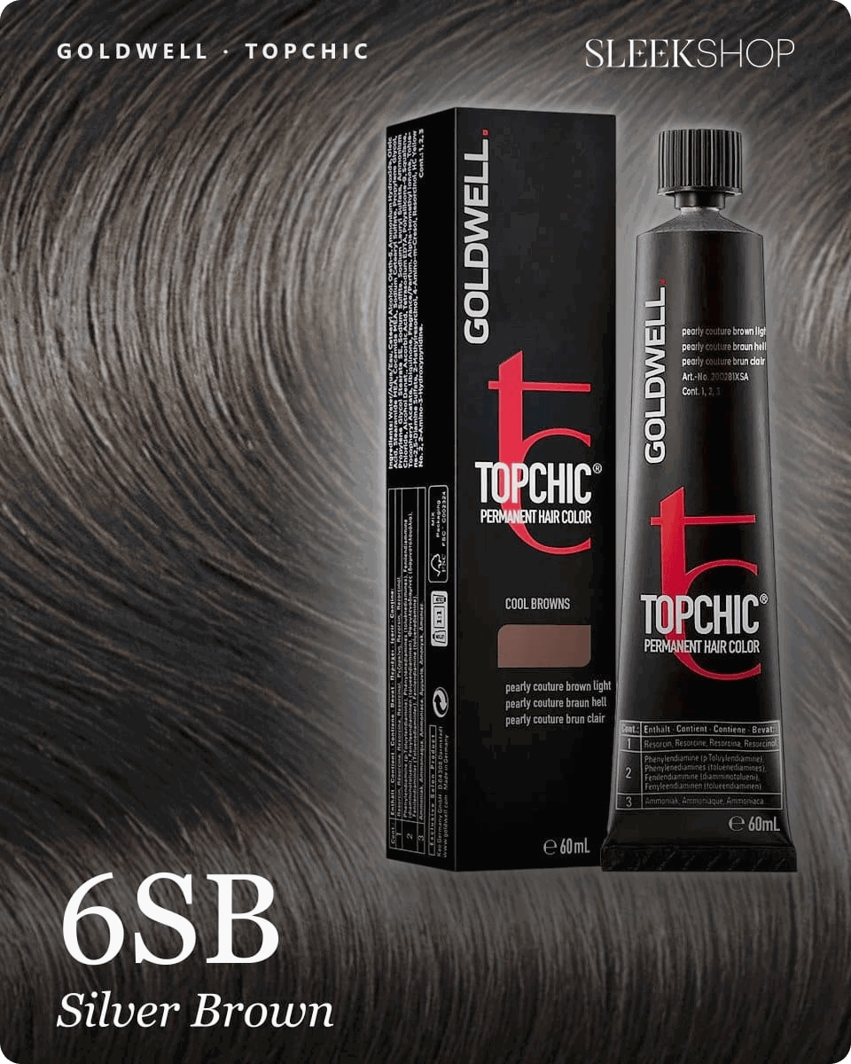 goldwell topchic 6sb silver brown hair color -- shade swatch with product packaging