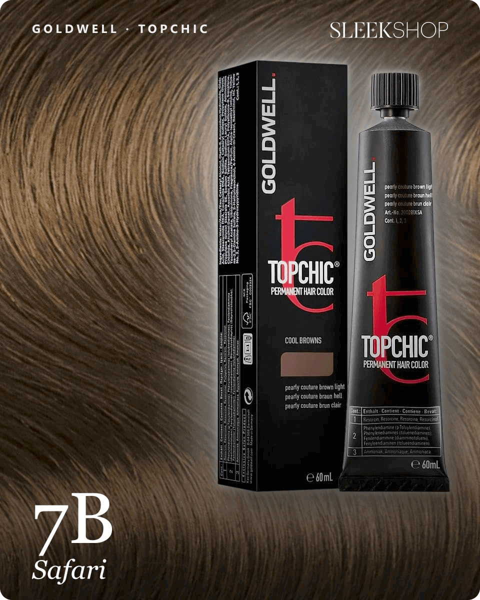 goldwell topchic 7b safari hair color -- shade swatch with product packaging