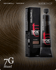 goldwell topchic 7g hazel hair color -- shade swatch with product packaging