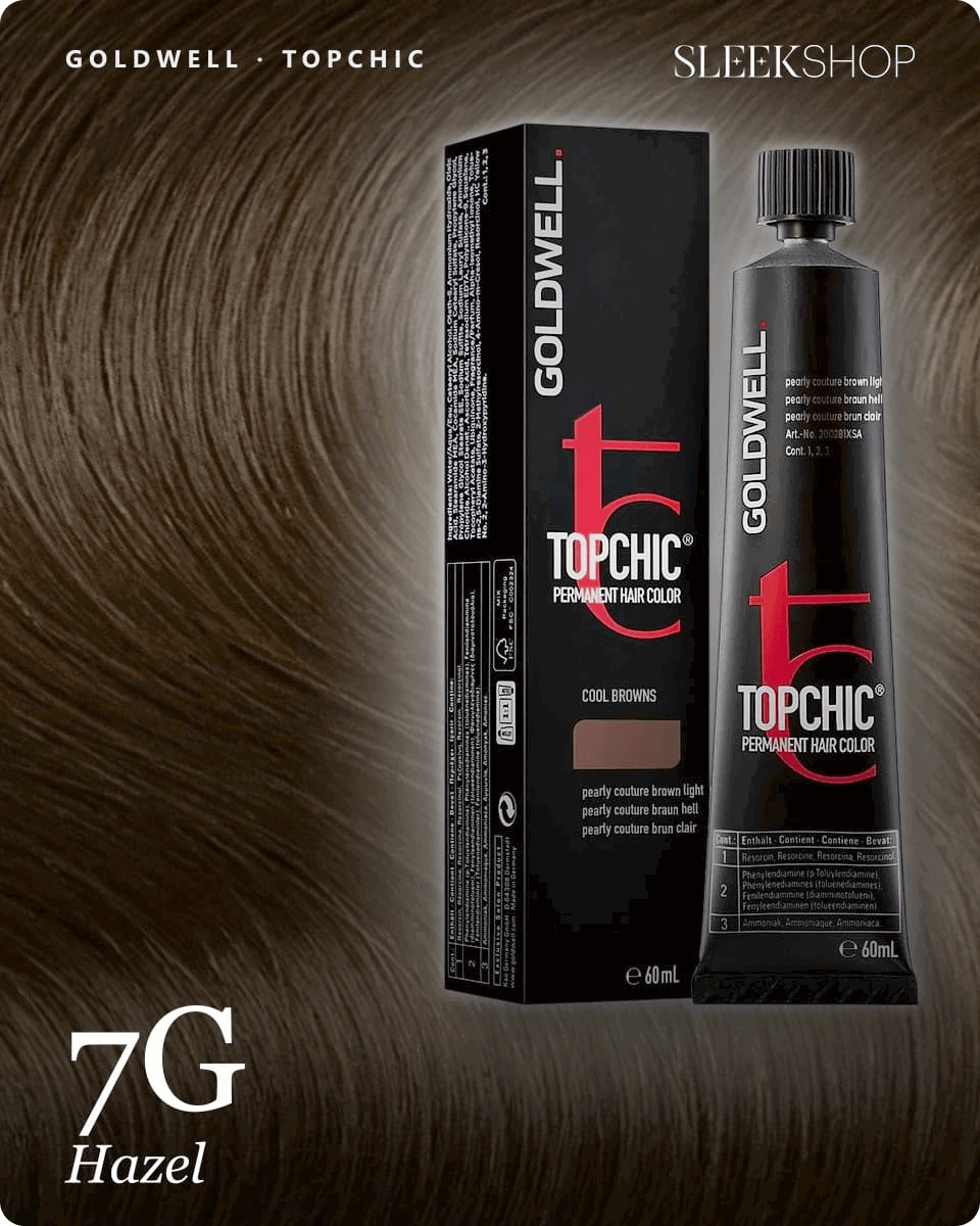 goldwell topchic 7g hazel hair color -- shade swatch with product packaging