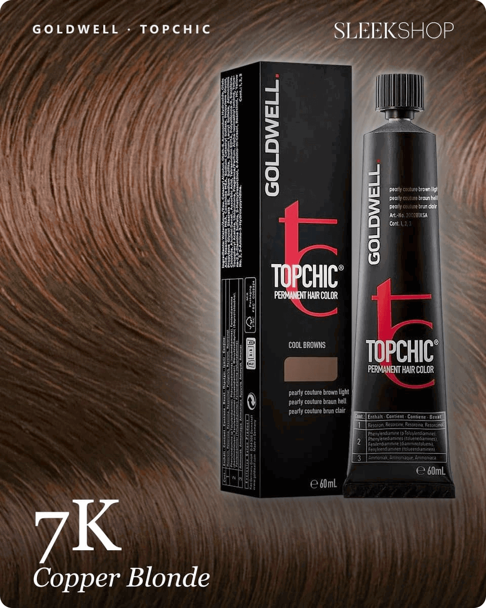 goldwell topchic 7k copper blonde hair color -- shade swatch with product packaging
