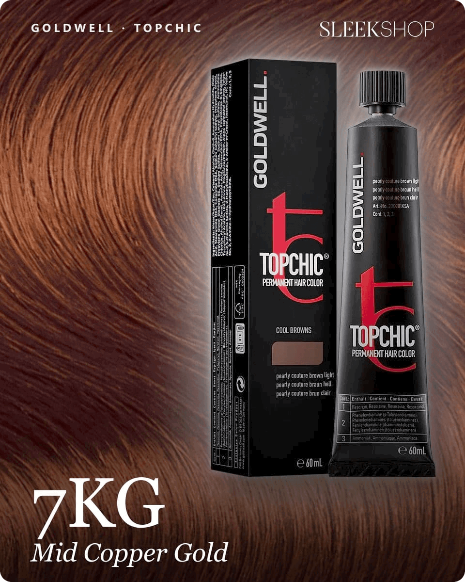 goldwell topchic 7kg mid copper gold hair color -- shade swatch with product packaging goldwell topchic 7kg mid copper gold hair color -- shade swatch with product packaging