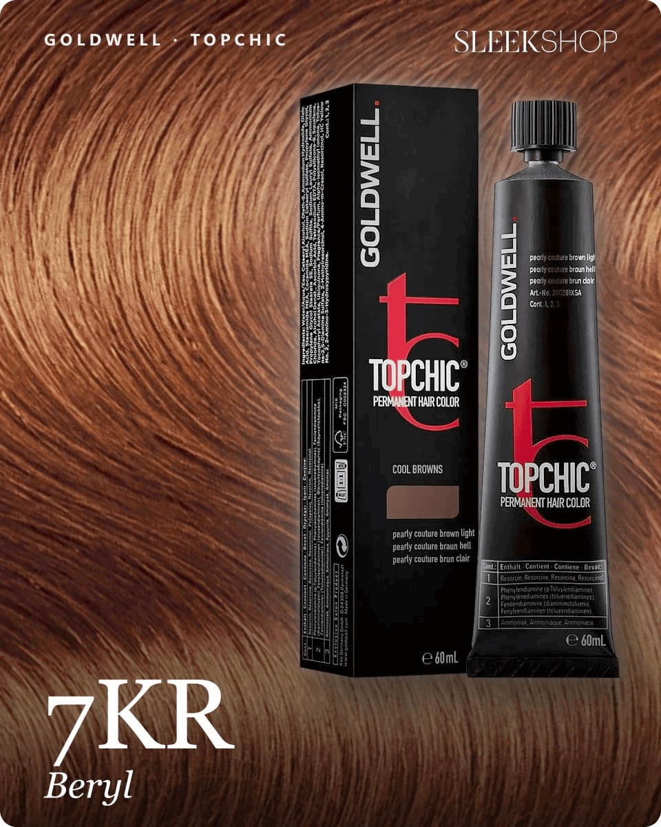 goldwell topchic 7kr beryl hair color -- shade swatch with product packaging
