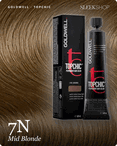 goldwell topchic 7n mid blonde hair color -- shade swatch with product packaging