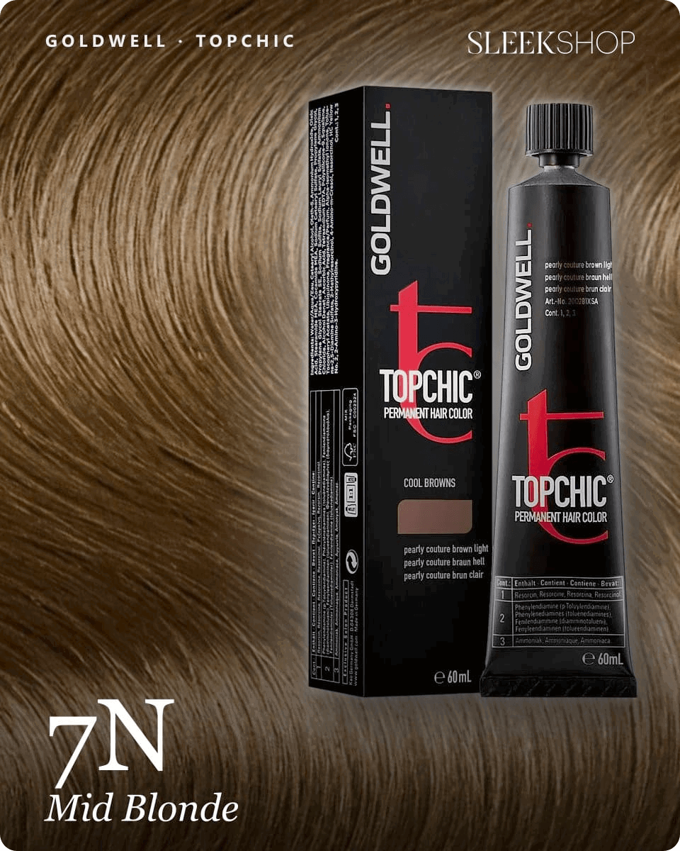 goldwell topchic 7n mid blonde hair color -- shade swatch with product packaging