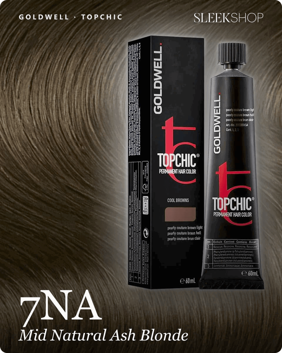 goldwell topchic 7na mid natural ash blonde hair color -- shade swatch with product packaging