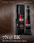 goldwell topchic 7n bk mid blonde reflecting topaz hair color -- shade swatch with product packaging goldwell topchic 7n bk mid blonde reflecting topaz hair color -- shade swatch with product packaging