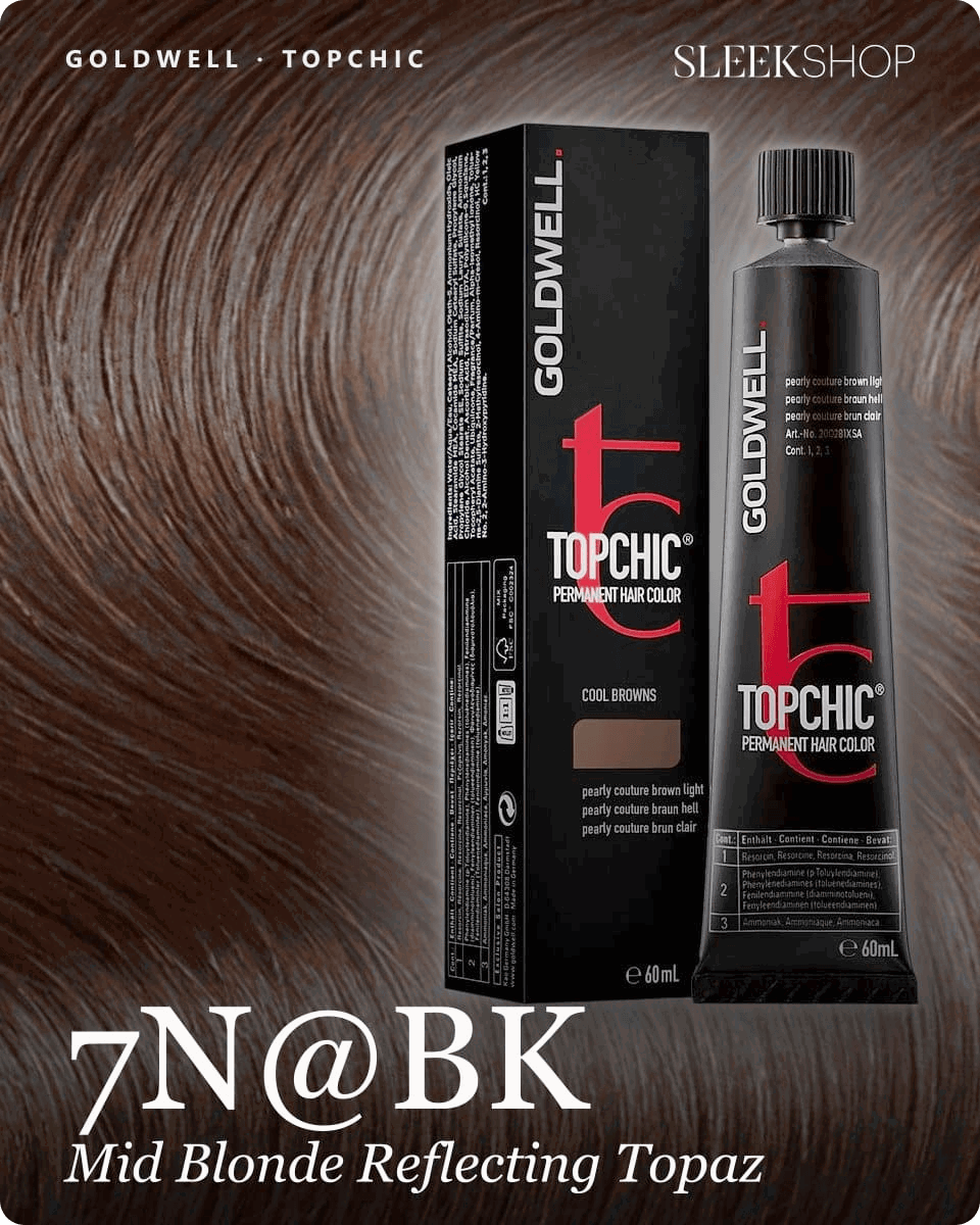 goldwell topchic 7n bk mid blonde reflecting topaz hair color -- shade swatch with product packaging goldwell topchic 7n bk mid blonde reflecting topaz hair color -- shade swatch with product packaging