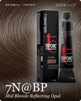 goldwell topchic 7n bp mid blonde reflecting opal hair color -- shade swatch with product packaging
