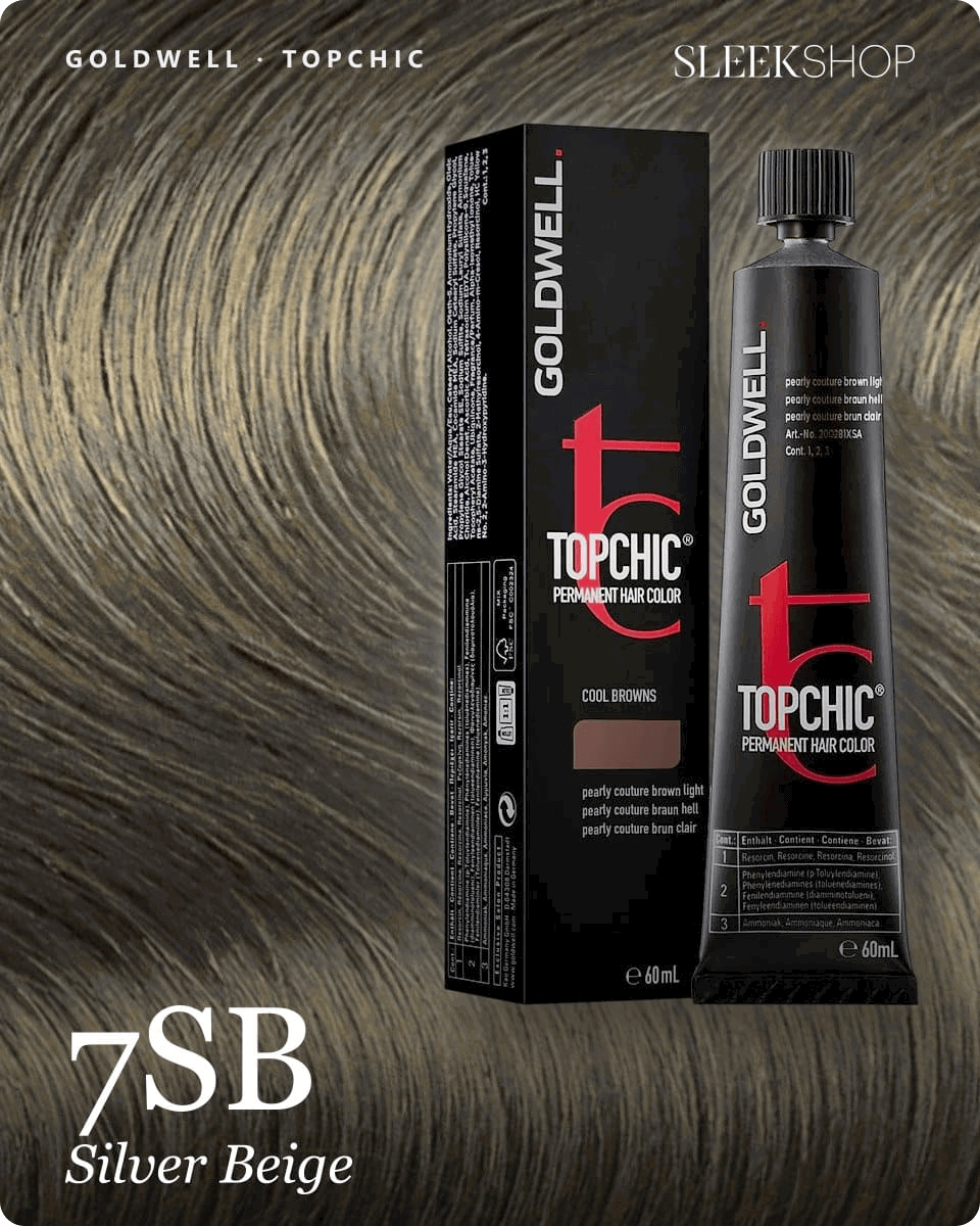 goldwell topchic 7sb silver beige hair color -- shade swatch with product packaging goldwell topchic 7sb silver beige hair color -- shade swatch with product packaging