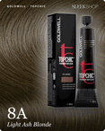 goldwell topchic 8a light ash blonde hair color -- shade swatch with product packaging
