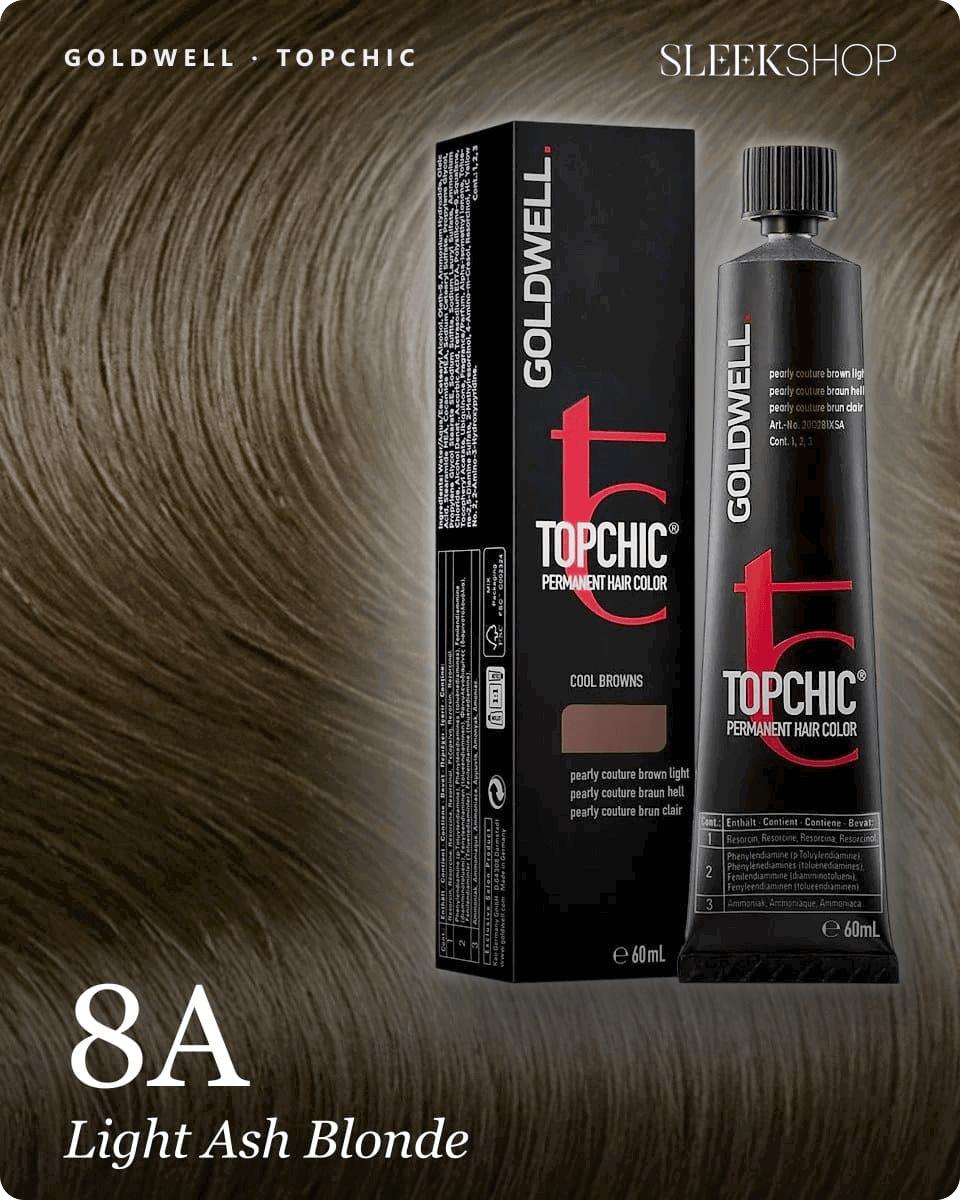goldwell topchic 8a light ash blonde hair color -- shade swatch with product packaging