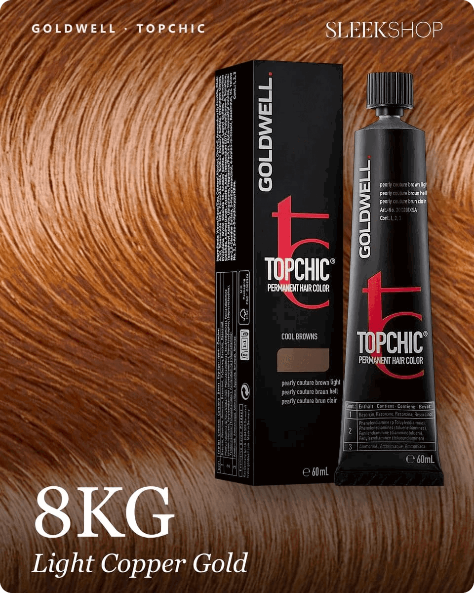 goldwell topchic 8kg light copper gold hair color -- shade swatch with product packaging goldwell topchic 8kg light copper gold hair color -- shade swatch with product packaging