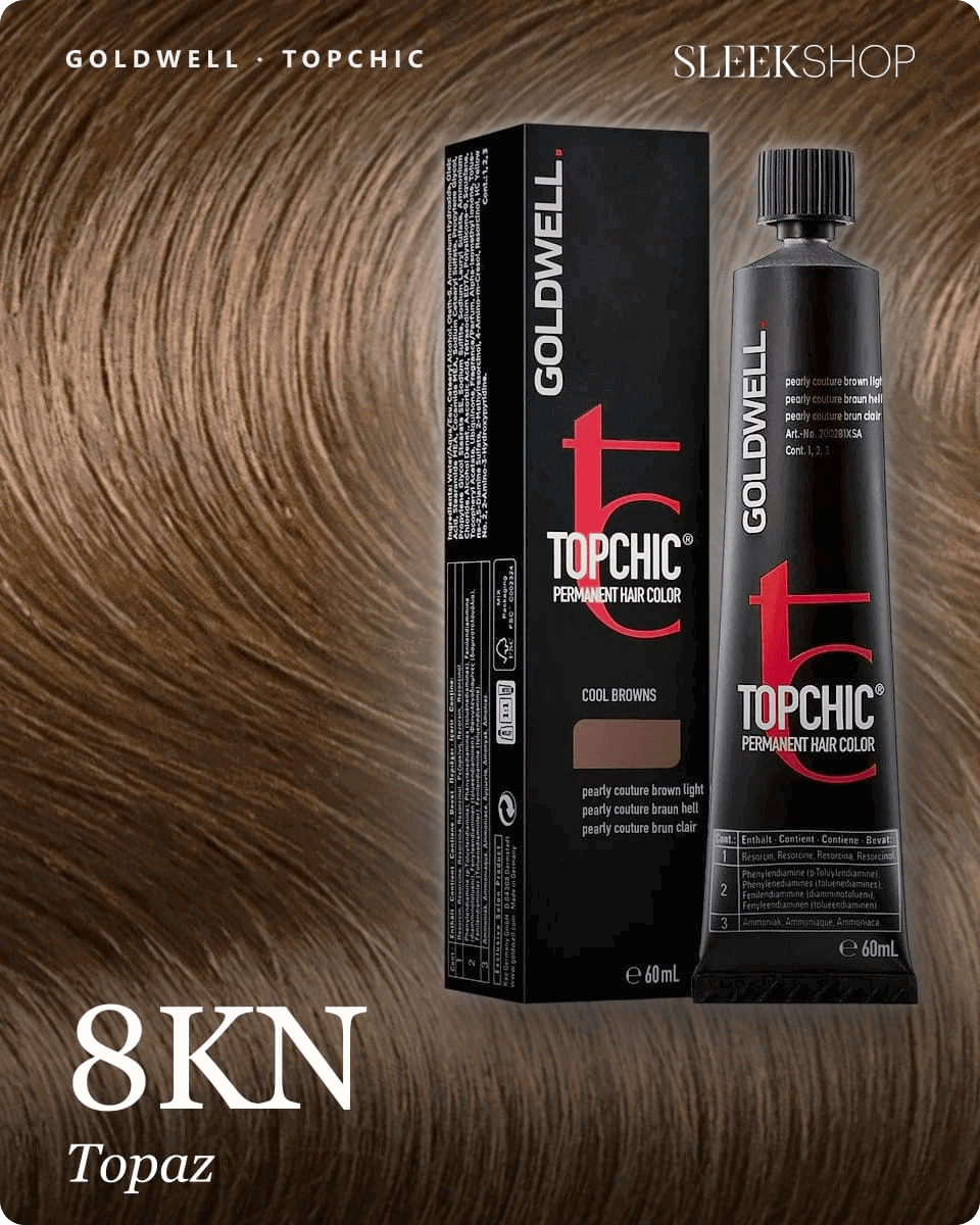 goldwell topchic 8kn topaz hair color -- shade swatch with product packaging goldwell topchic 8kn topaz hair color -- shade swatch with product packaging