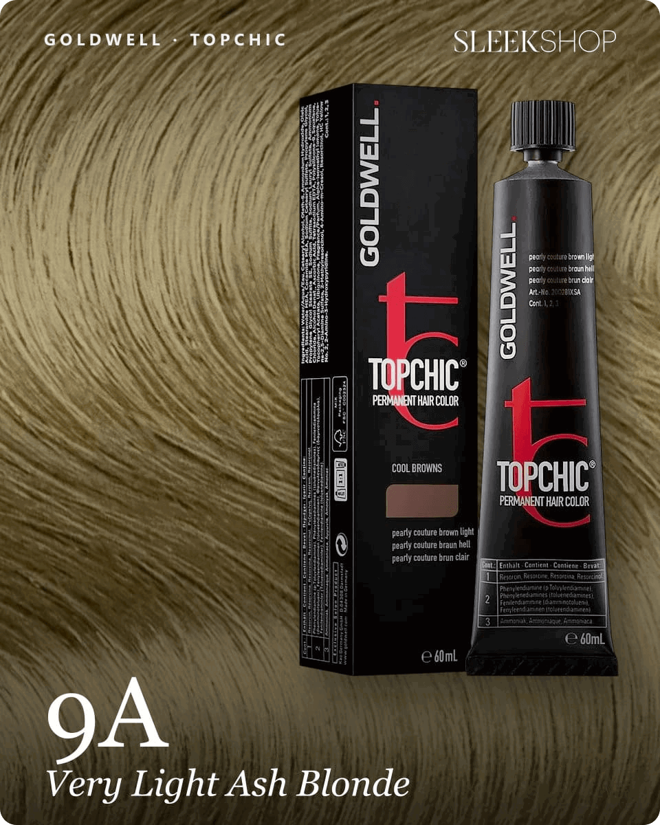 goldwell topchic 9a very light ash blonde hair color -- shade swatch with product packaging goldwell topchic 9a very light ash blonde hair color -- shade swatch with product packaging
