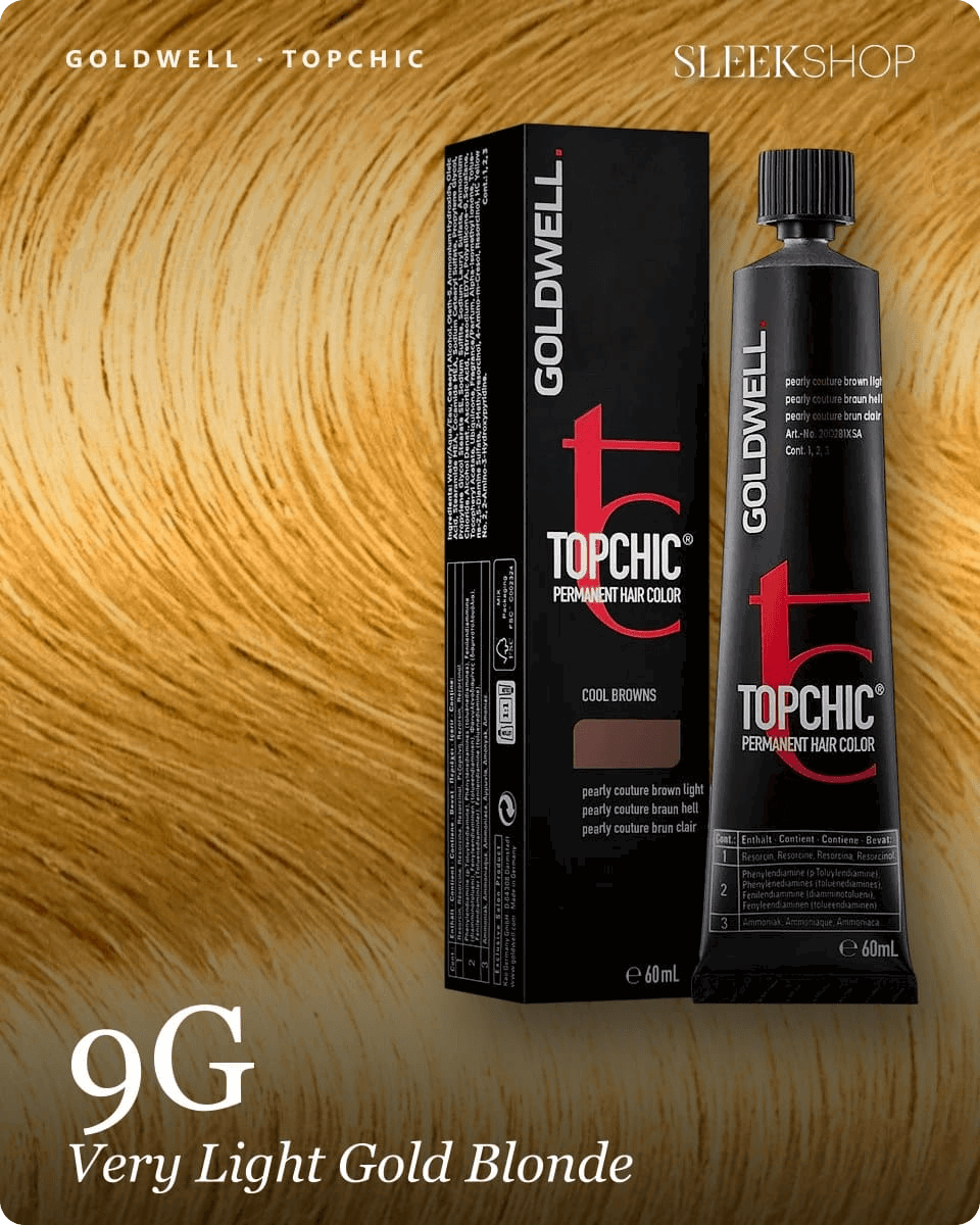 goldwell topchic 9g very light gold blonde hair color -- shade swatch with product packaging