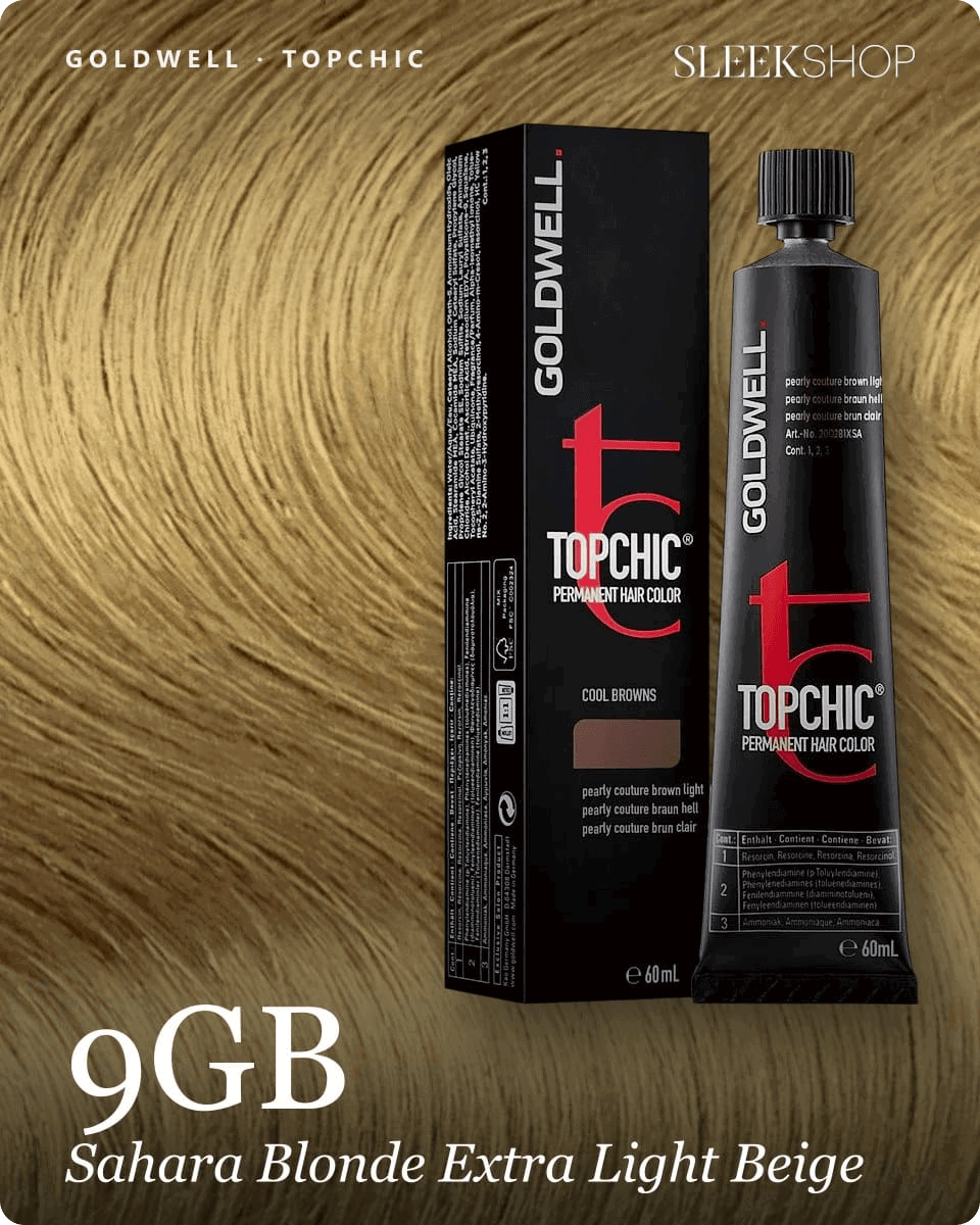 goldwell topchic 9gb sahara blonde extra light beige hair color -- shade swatch with product packaging goldwell topchic 9gb sahara blonde extra light beige hair color -- shade swatch with product packaging
