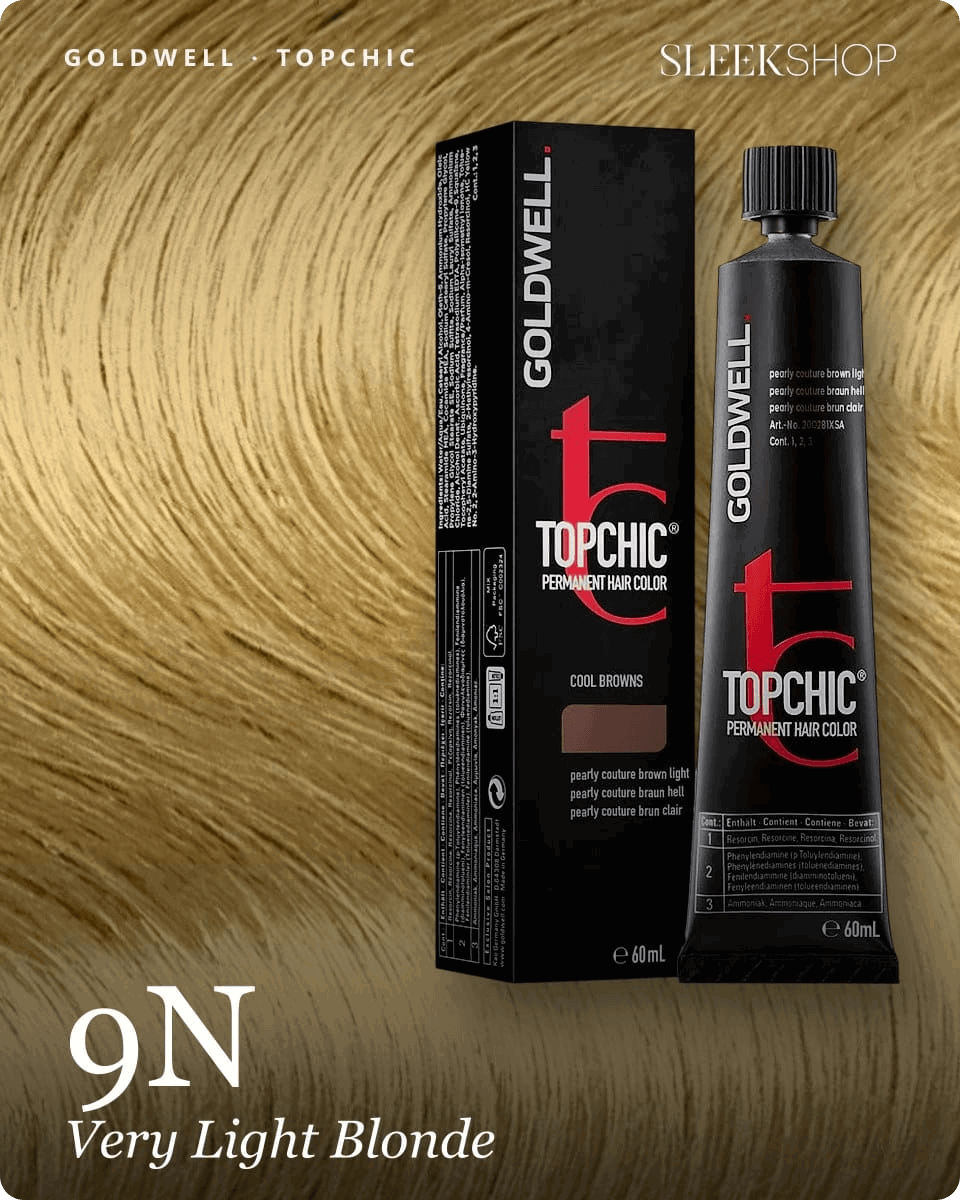 goldwell topchic 9n very light blonde hair color -- shade swatch with product packaging goldwell topchic 9n very light blonde hair color -- shade swatch with product packaging
