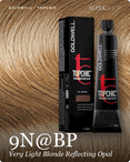 goldwell topchic 9n bp very light blonde reflecting opal hair color -- shade swatch with product packaging goldwell topchic 9n bp very light blonde reflecting opal hair color -- shade swatch with product packaging