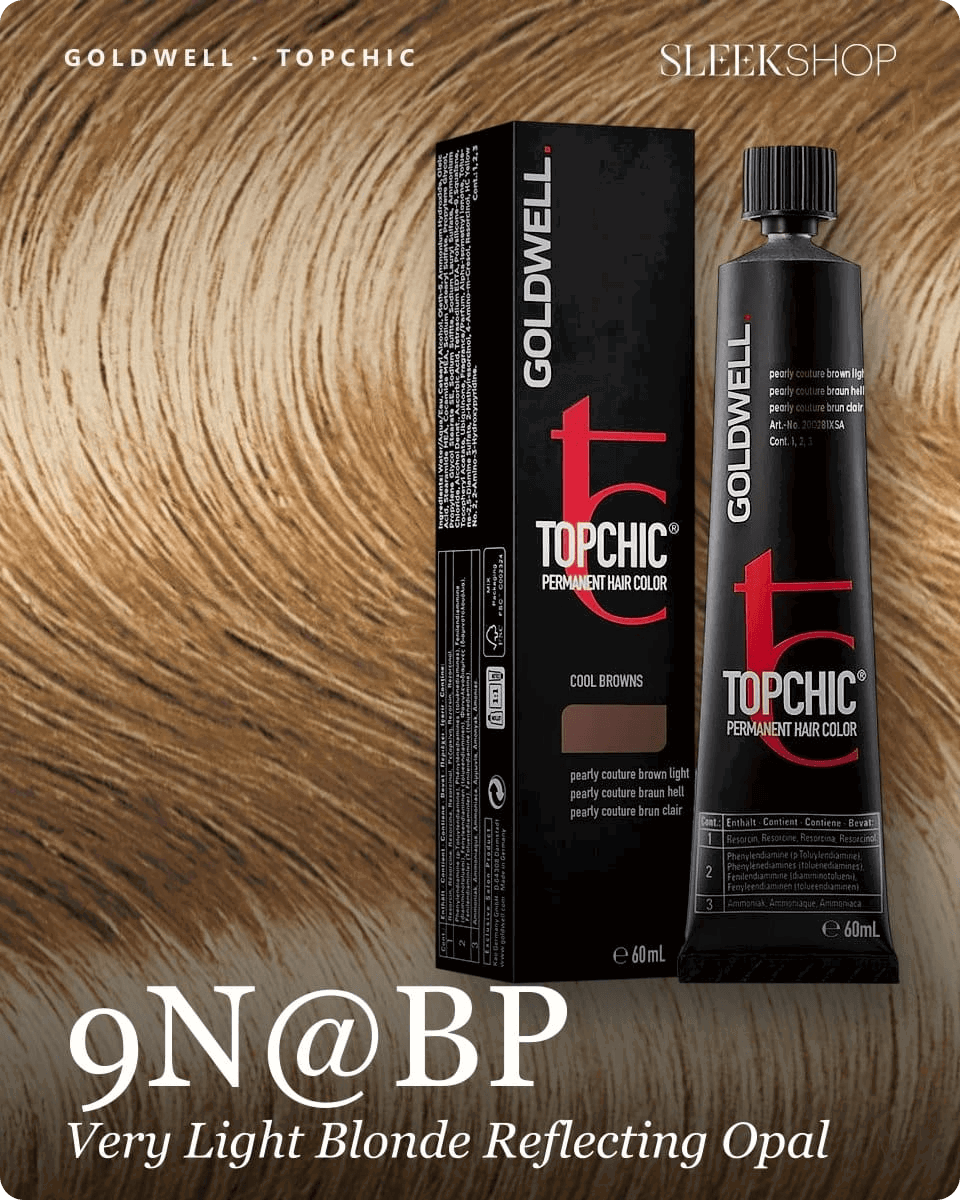 goldwell topchic 9n bp very light blonde reflecting opal hair color -- shade swatch with product packaging goldwell topchic 9n bp very light blonde reflecting opal hair color -- shade swatch with product packaging