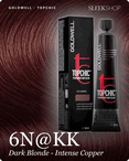 goldwell topchic 6n kk dark blonde intense copper hair color -- shade swatch with product packaging