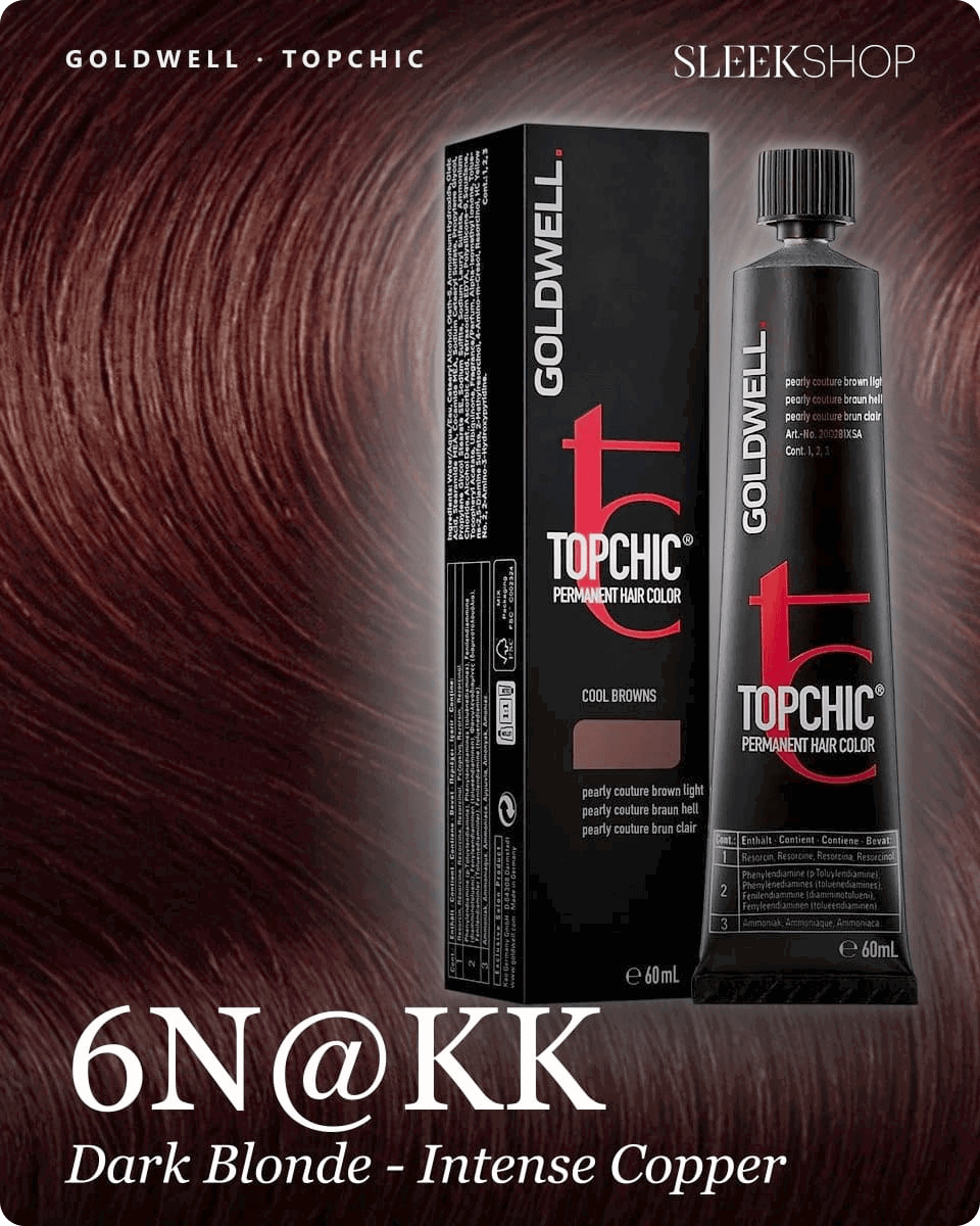 goldwell topchic 6n kk dark blonde intense copper hair color -- shade swatch with product packaging