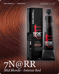 goldwell topchic 7n rr mid blonde intense red hair color -- shade swatch with product packaging