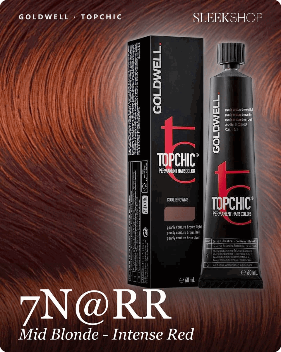 goldwell topchic 7n rr mid blonde intense red hair color -- shade swatch with product packaging