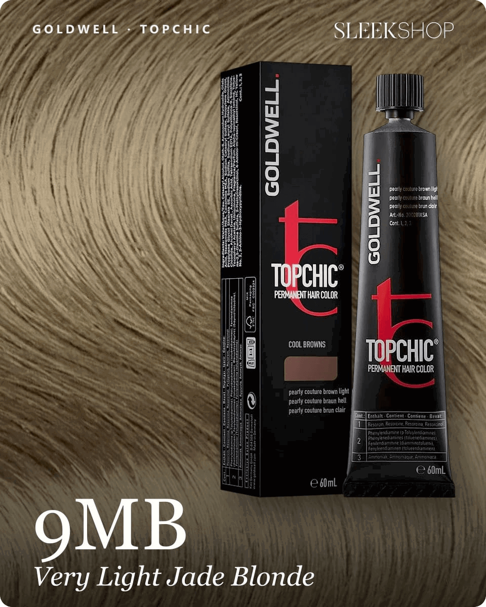 goldwell topchic 9mb very light jade blonde hair color -- shade swatch with product packaging