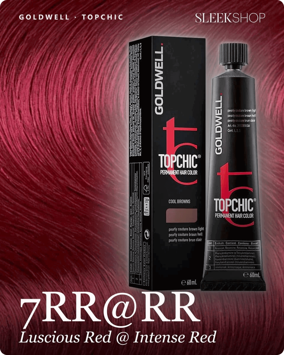 goldwell topchic 7rr rr luscious red intense red hair color -- shade swatch with product packaging