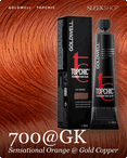 goldwell topchic 700 gk sensational orange gold copper hair color -- shade swatch with product packaging goldwell topchic 700 gk sensational orange gold copper hair color -- shade swatch with product packaging