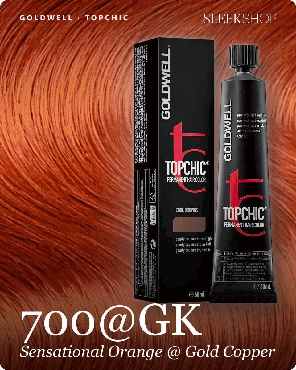 goldwell topchic 700 gk sensational orange gold copper hair color -- shade swatch with product packaging goldwell topchic 700 gk sensational orange gold copper hair color -- shade swatch with product packaging