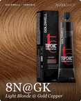 goldwell topchic 8n gk light blonde gold copper hair color -- shade swatch with product packaging goldwell topchic 8n gk light blonde gold copper hair color -- shade swatch with product packaging