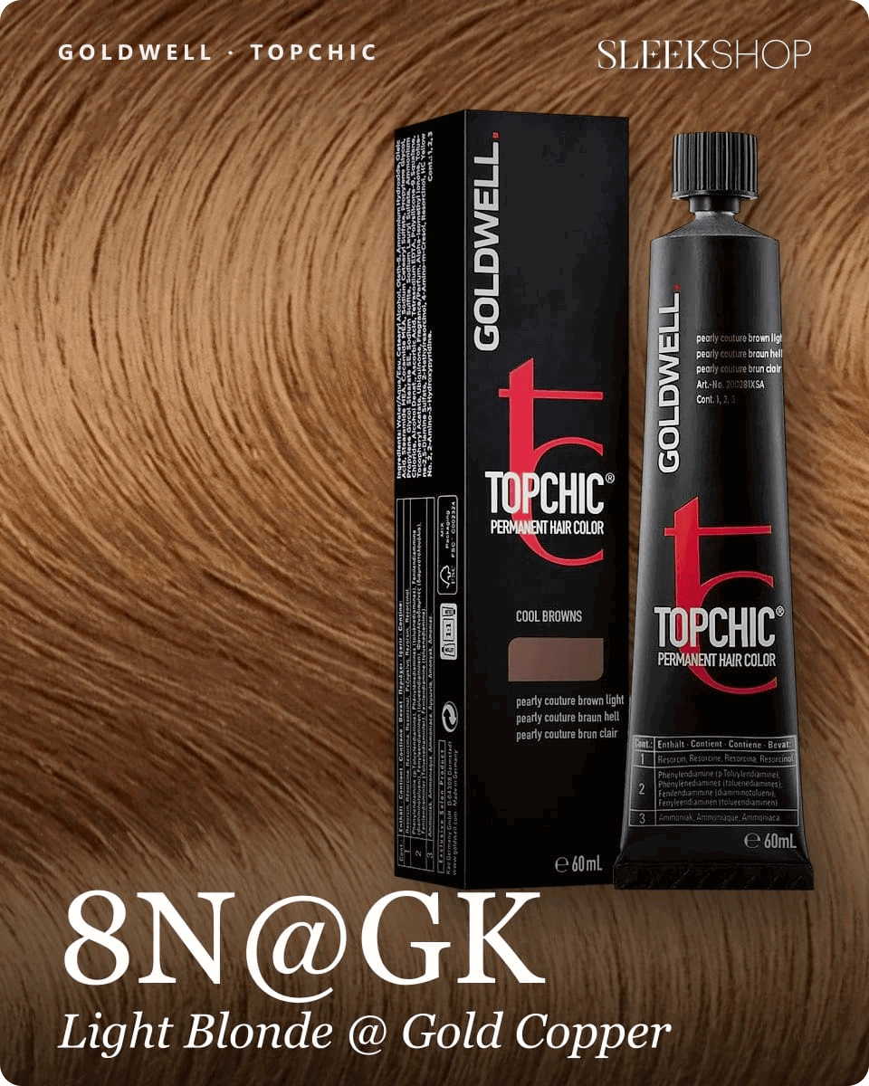 goldwell topchic 8n gk light blonde gold copper hair color -- shade swatch with product packaging goldwell topchic 8n gk light blonde gold copper hair color -- shade swatch with product packaging