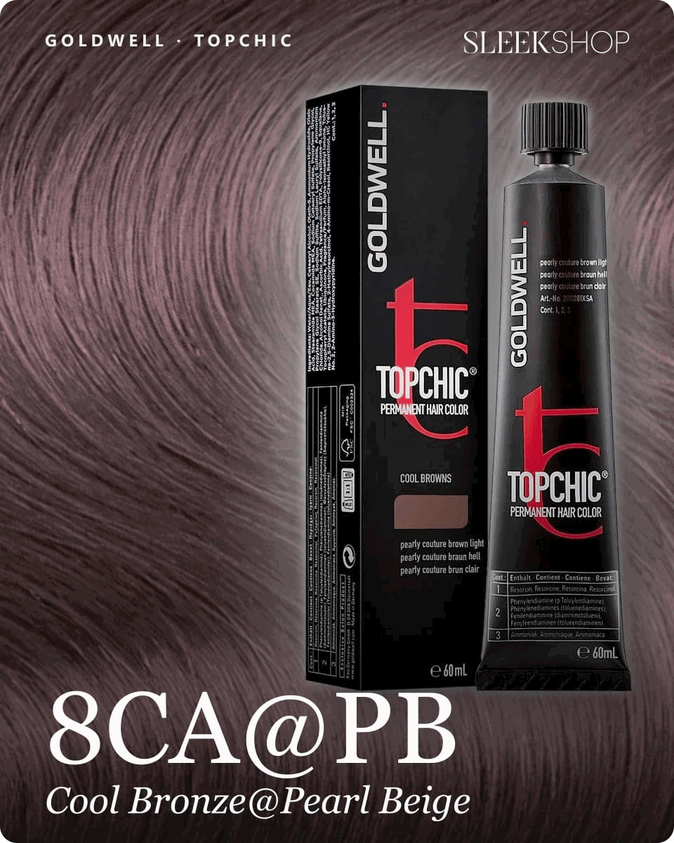 goldwell topchic 8ca pb cool bronze pearl beige hair color -- shade swatch with product packaging