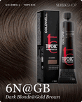 goldwell topchic 6n gb dark blonde gold brown hair color -- shade swatch with product packaging
