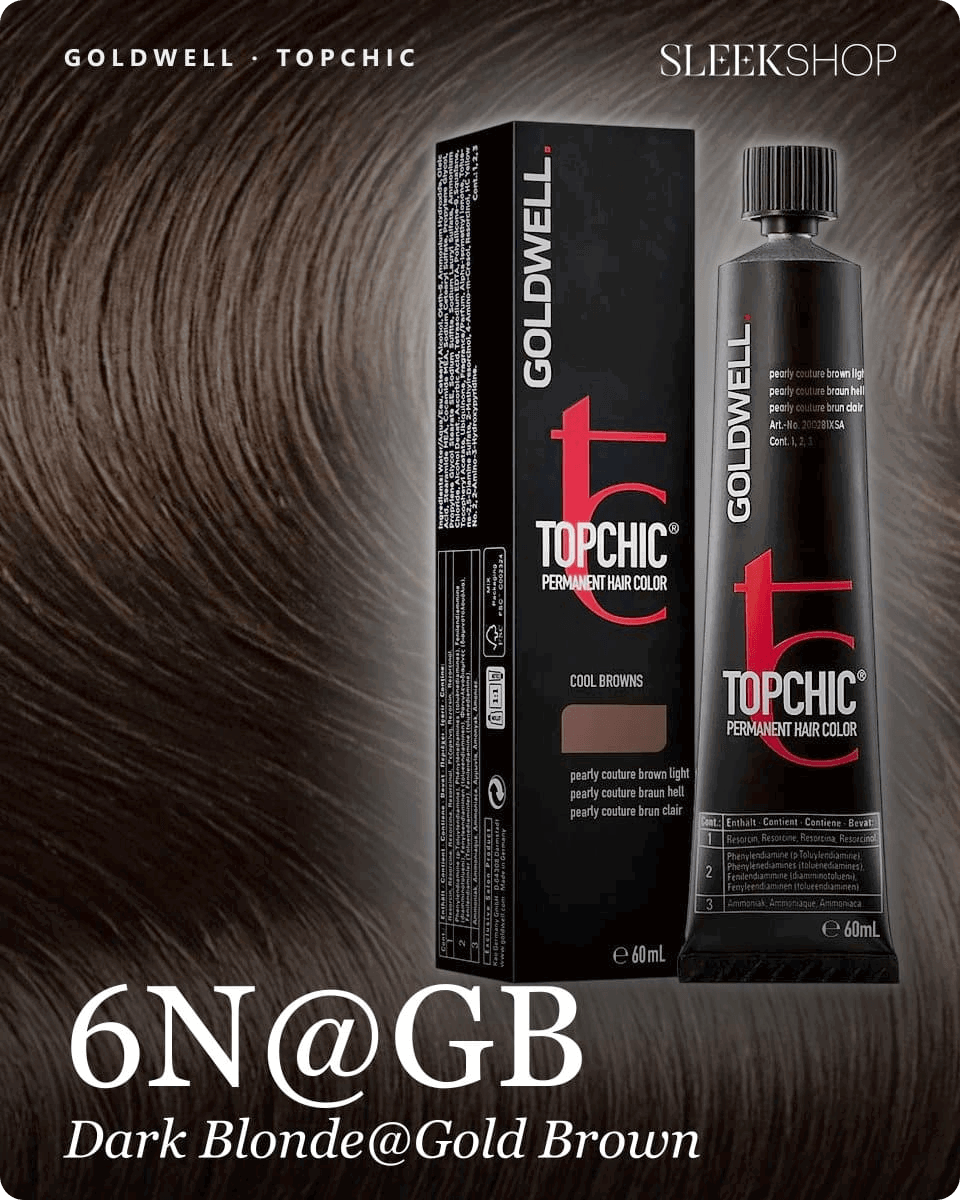goldwell topchic 6n gb dark blonde gold brown hair color -- shade swatch with product packaging