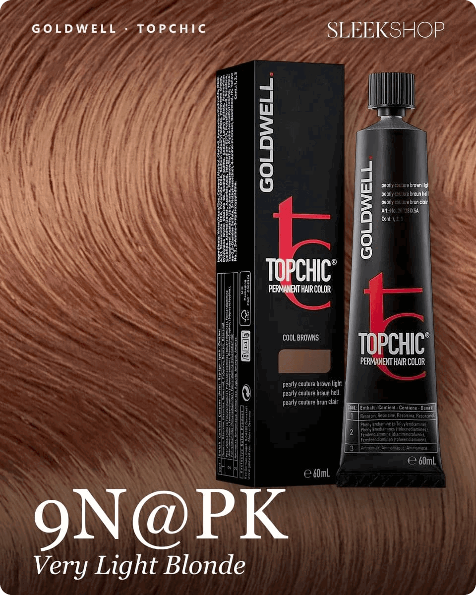 goldwell topchic 9n pk very light blonde hair color -- shade swatch with product packaging goldwell topchic 9n pk very light blonde hair color -- shade swatch with product packaging