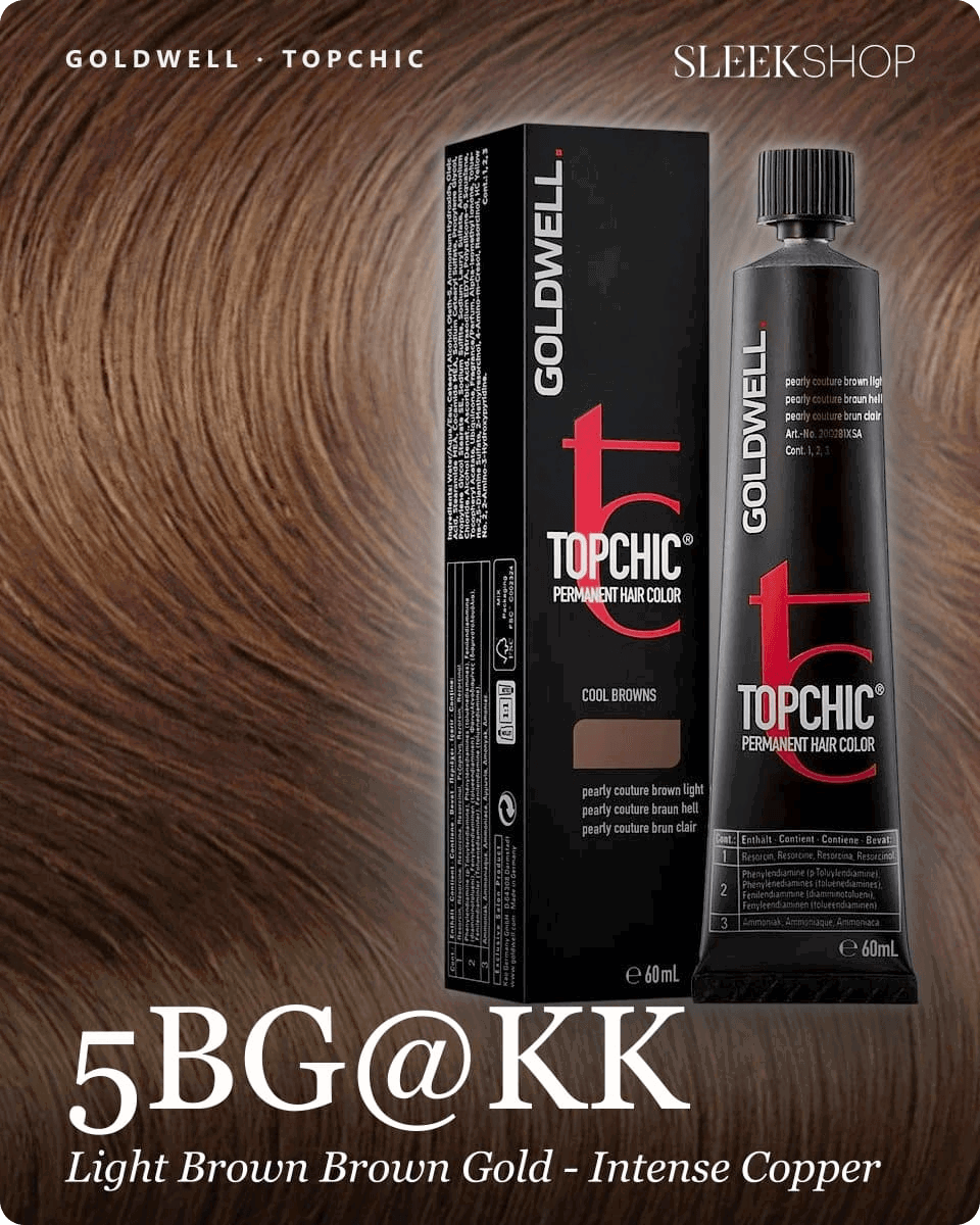 goldwell topchic 5bg kk light brown brown gold intense copper hair color -- shade swatch with product packaging goldwell topchic 5bg kk light brown brown gold intense copper hair color -- shade swatch with product packaging