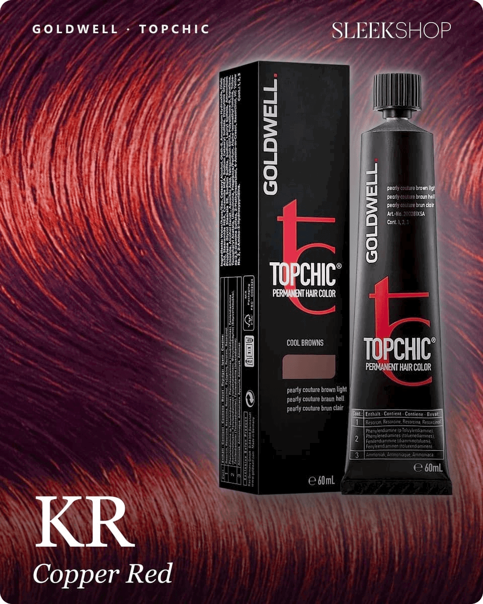 goldwell topchic kr copper red hair color -- shade swatch with product packaging