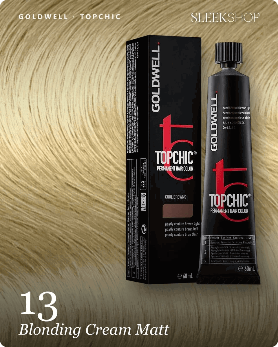 goldwell topchic 13 blonding cream matt hair color -- shade swatch with product packaging