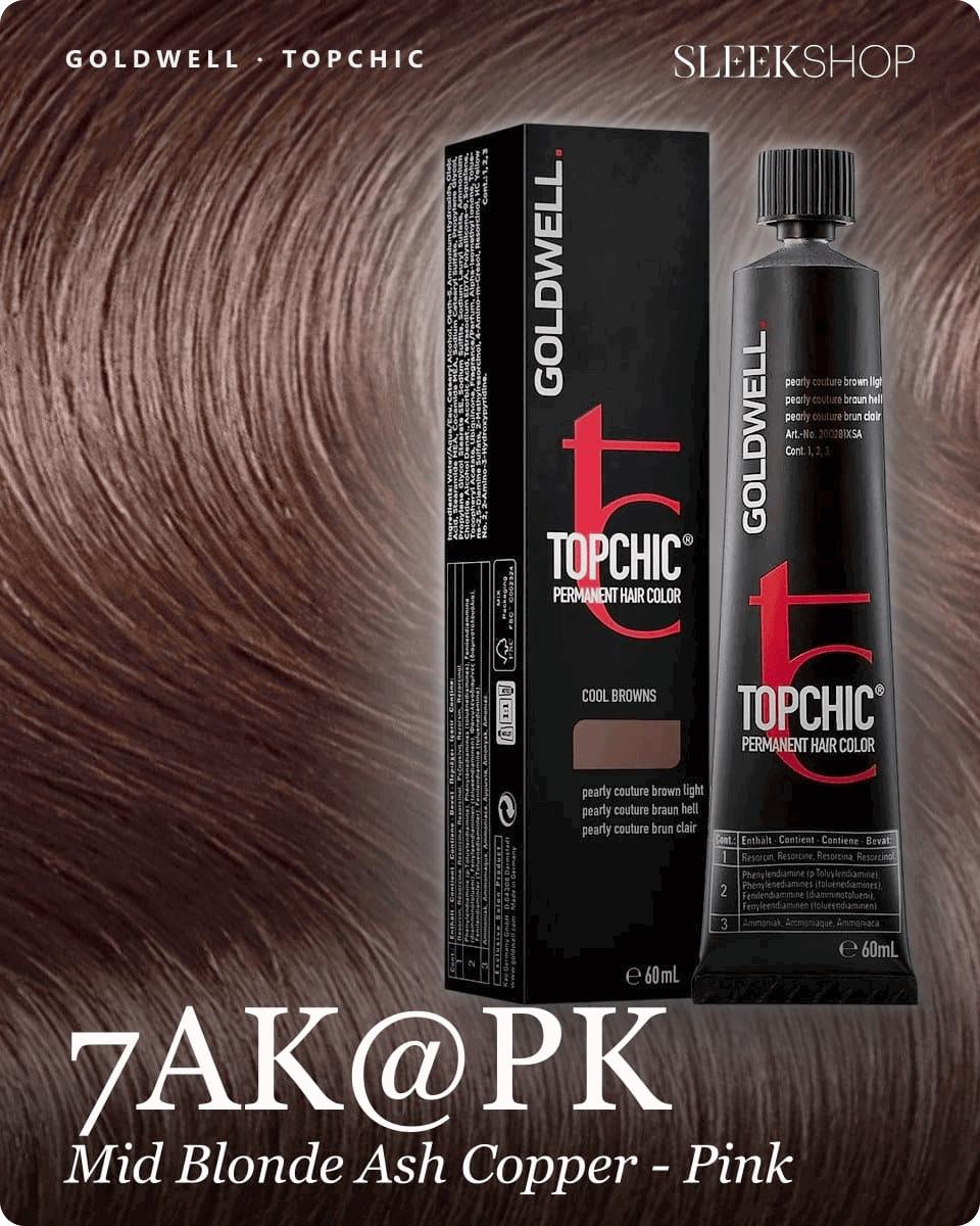 goldwell topchic 7ak pk mid blonde ash copper pink hair color -- shade swatch with product packaging