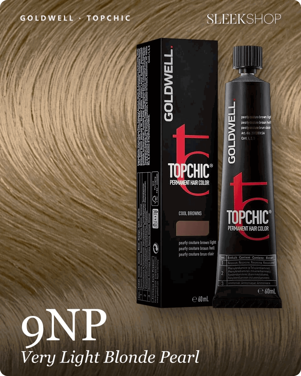 goldwell topchic 9np very light blonde pearl hair color -- shade swatch with product packaging
