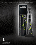 l oreal professionnel inoa 1 1n black hair color -- shade swatch with product packaging